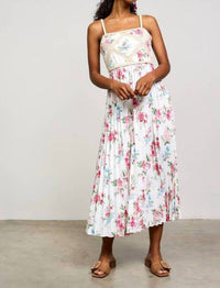 Skies Are Blue - Printed Crochet Patch Pleated Sleeveless Midi Dress