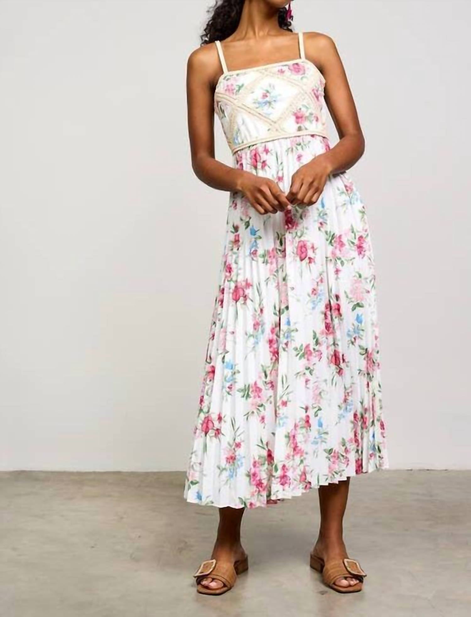 Skies Are Blue - Printed Crochet Patch Pleated Sleeveless Midi Dress