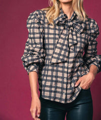 THE SHIRT Long Sleeve French Bow Shirt in tan black plaid - women's blouse - detail view