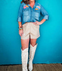 THML Carrie Vegan Leather Shorts in bone - women's shorts - detail view
