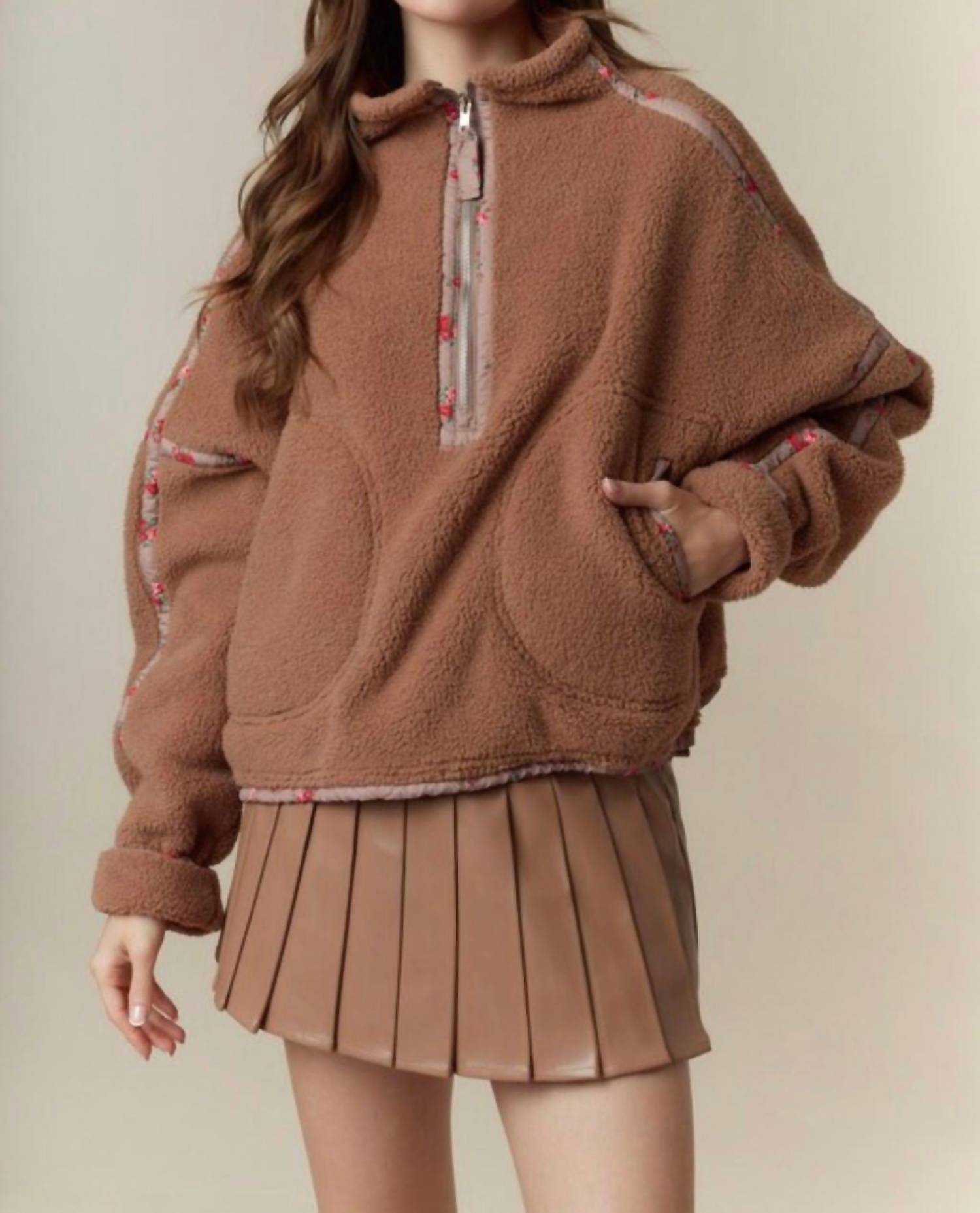 Peach Love Ditsy Floral Half Zip Sherpa Jacket in camel - women's jacket