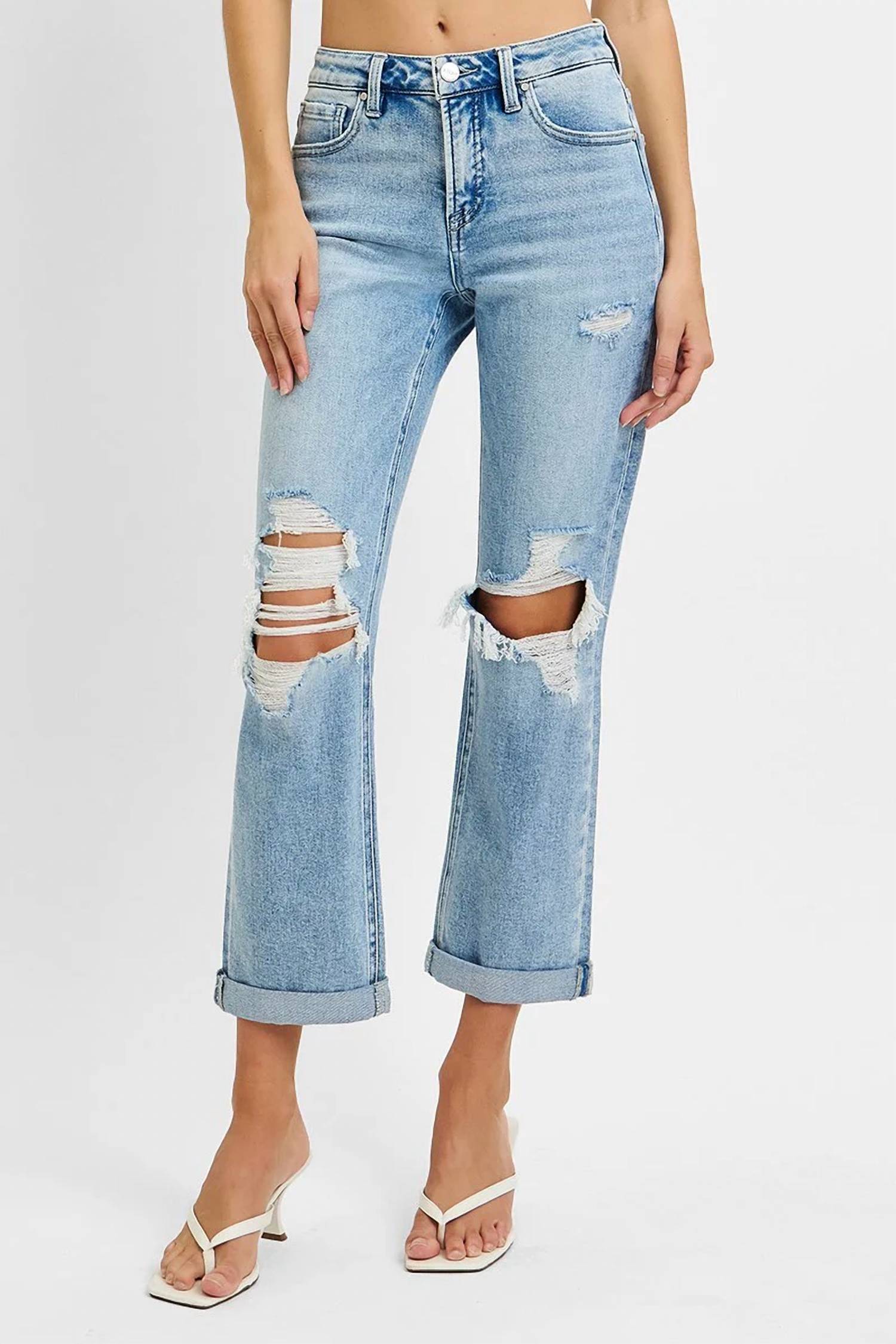 Risen - Tummy Control High Rise Straight Double Roll Up Jeans