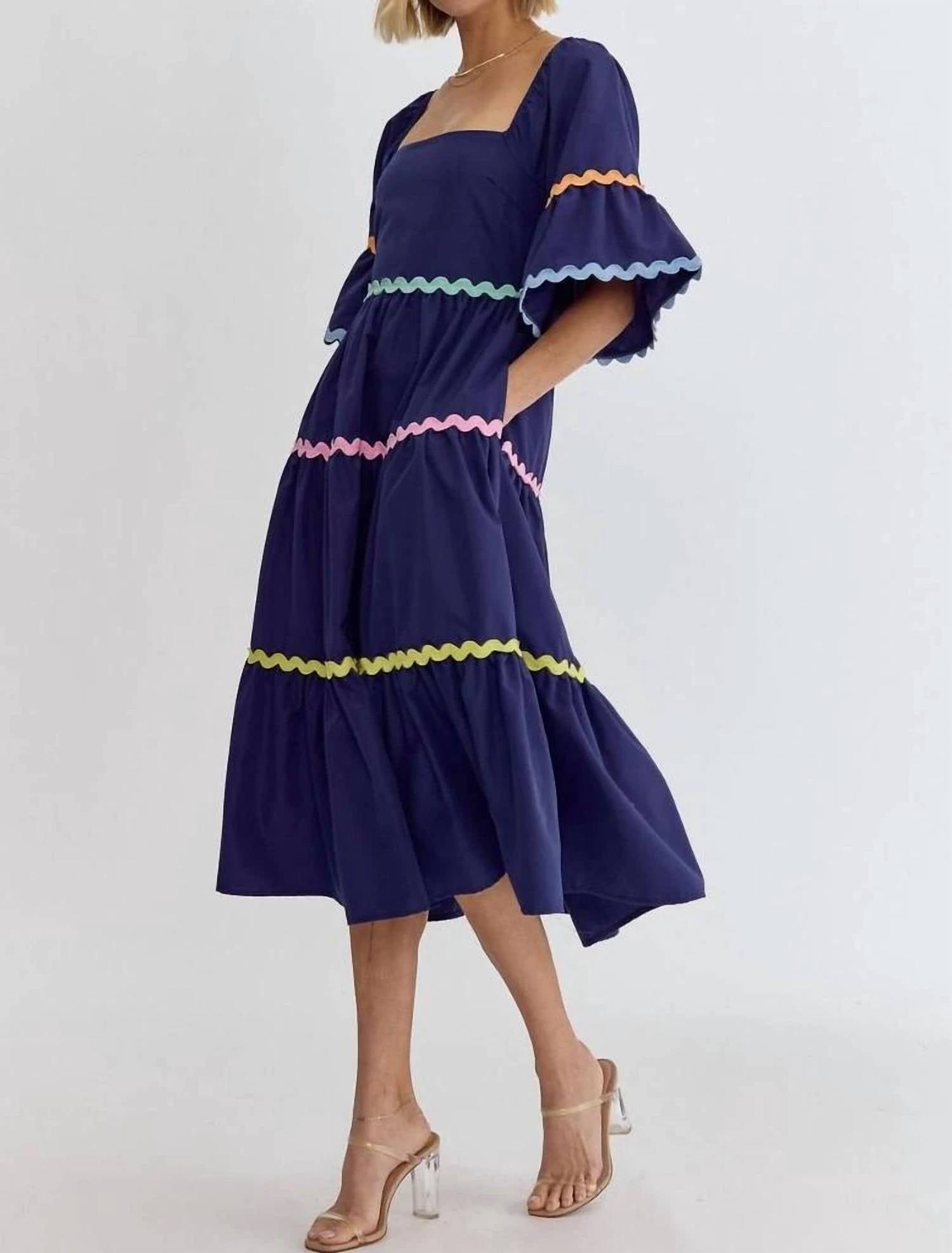 entro Multi-color Ric Rac Trim Maxi Dress in navy - women's dress - detail view