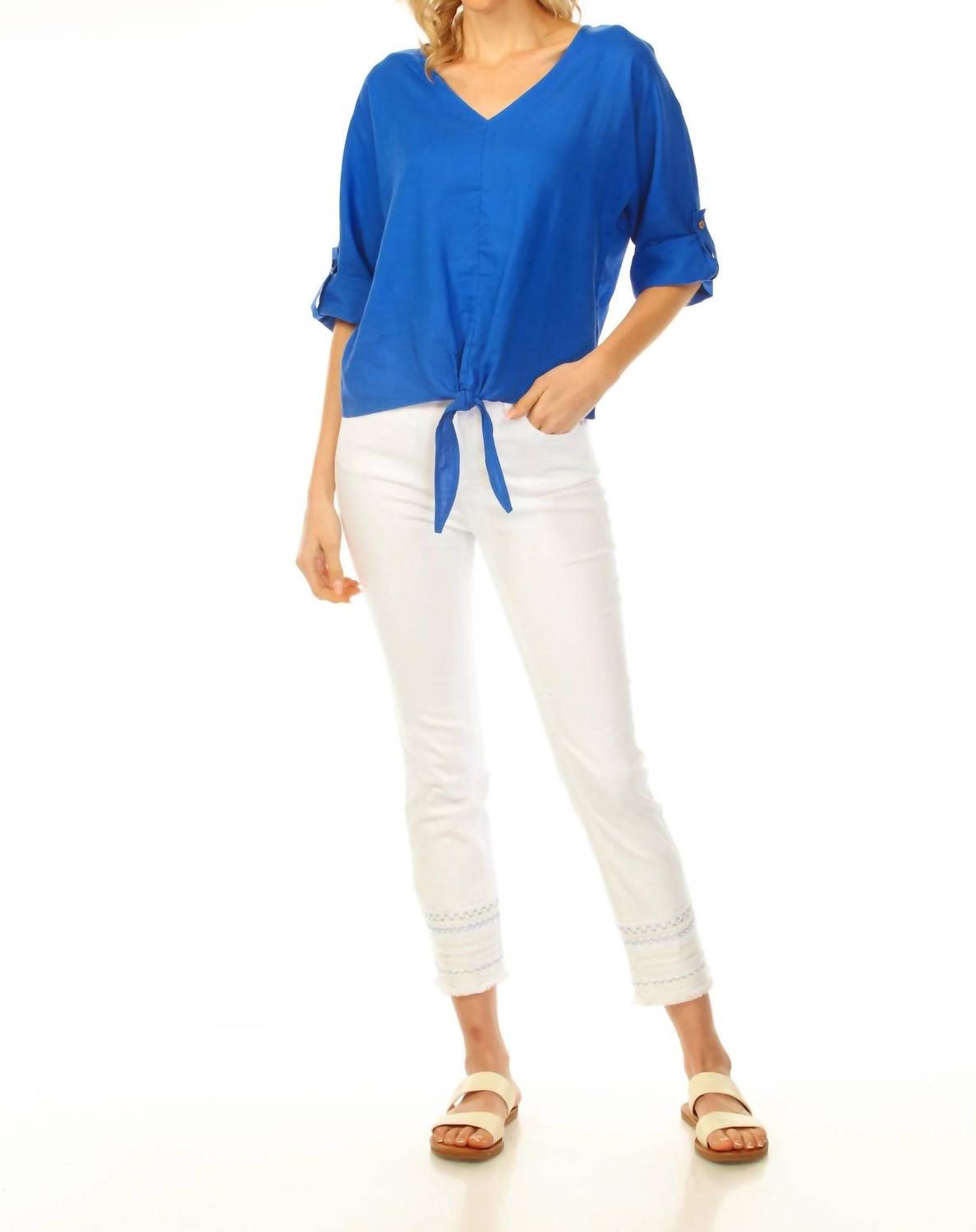 Charlie B - Roll-up Sleeve Front Tie Top