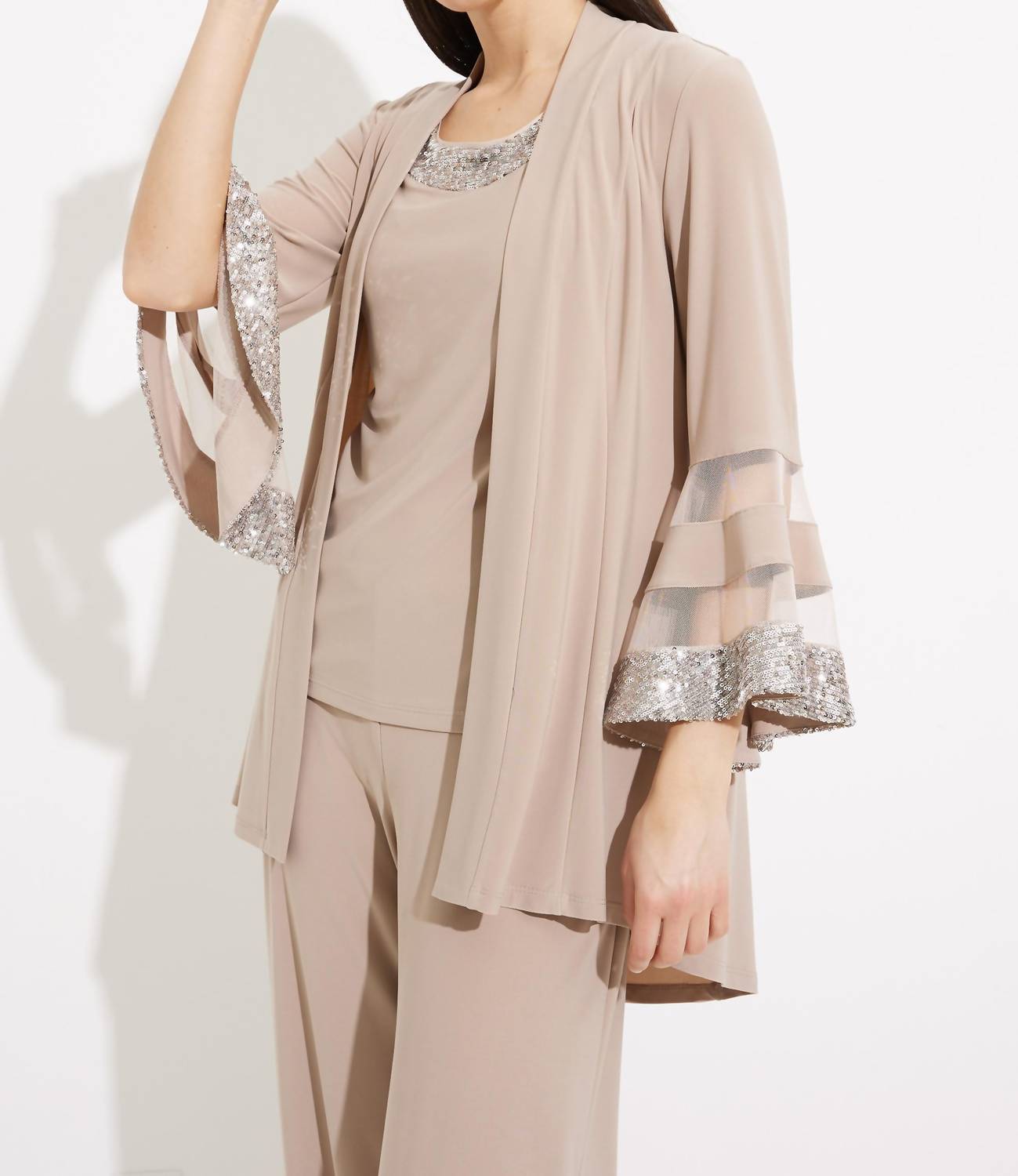 Joseph Ribkoff Sequin Accent Two Piece Set in beige 1 - women's cardigan - detail view