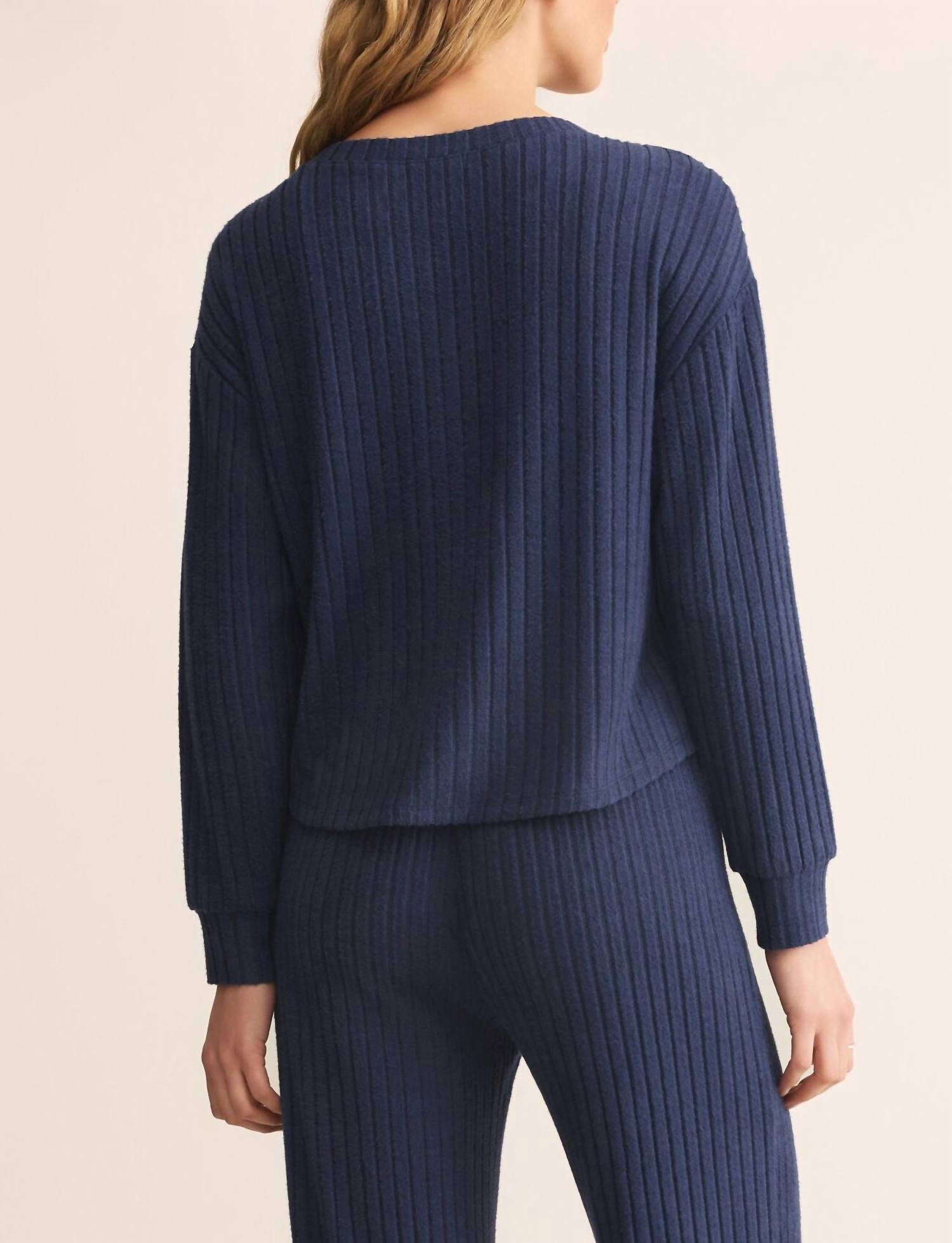 Z Supply Elfie Rib Top in blue sapphire - women's long sleeve top - view 5