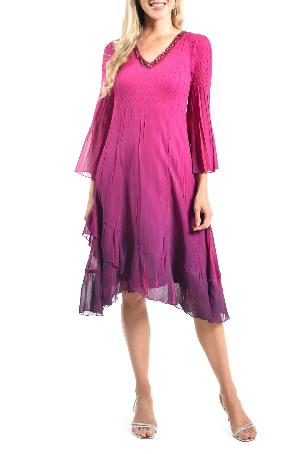 Komarov - Ombré Slit Sleeve Charmeuse & Chiffon Cocktail Dress