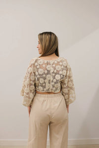 Mustard Seed - Solid Crochet Floral Tie Front Crop Top