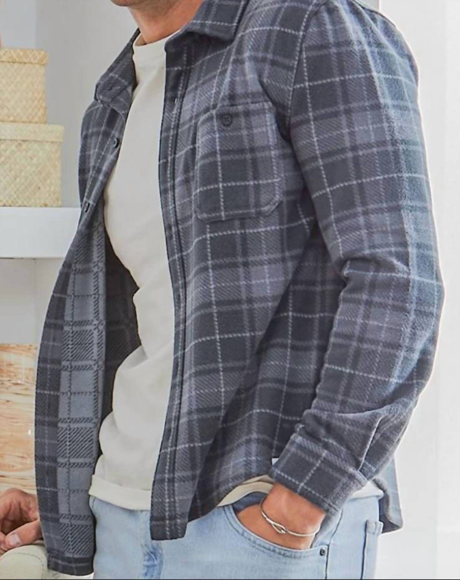 Simply Southern Plaid Brushed Fleece Shacket in blue - men's jacket - detail view