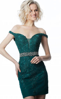Jovani - Off The Shoulder Lace Appliqued Beaded Short Dress