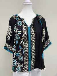 Tru Luxe - Floral Border Print Split V-neck Elbow Sleeve Top