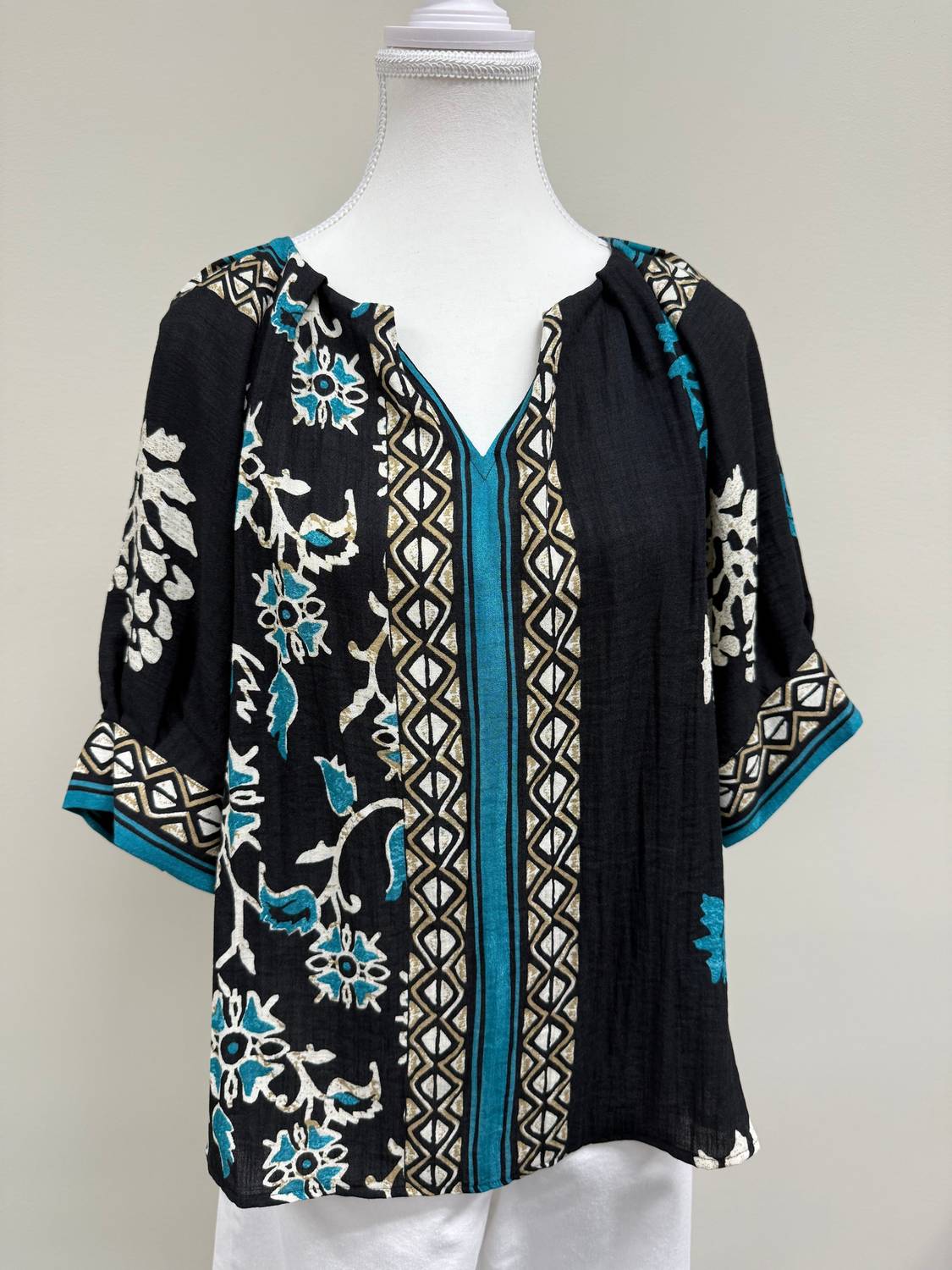 Tru Luxe - Floral Border Print Split V-neck Elbow Sleeve Top