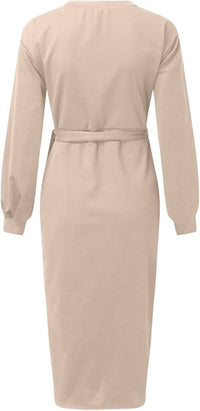 Nihao Jewelry - V Neck Belted Long Sleeve Knit Dress