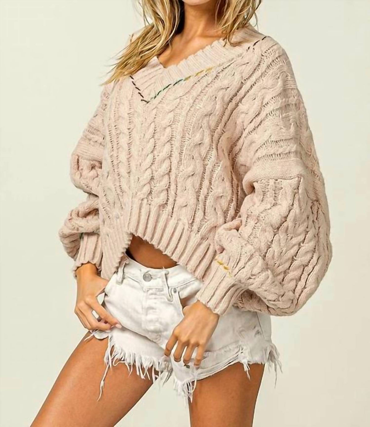 Bibi - Stitch Edge Cable Knit V-neck Sweater Top