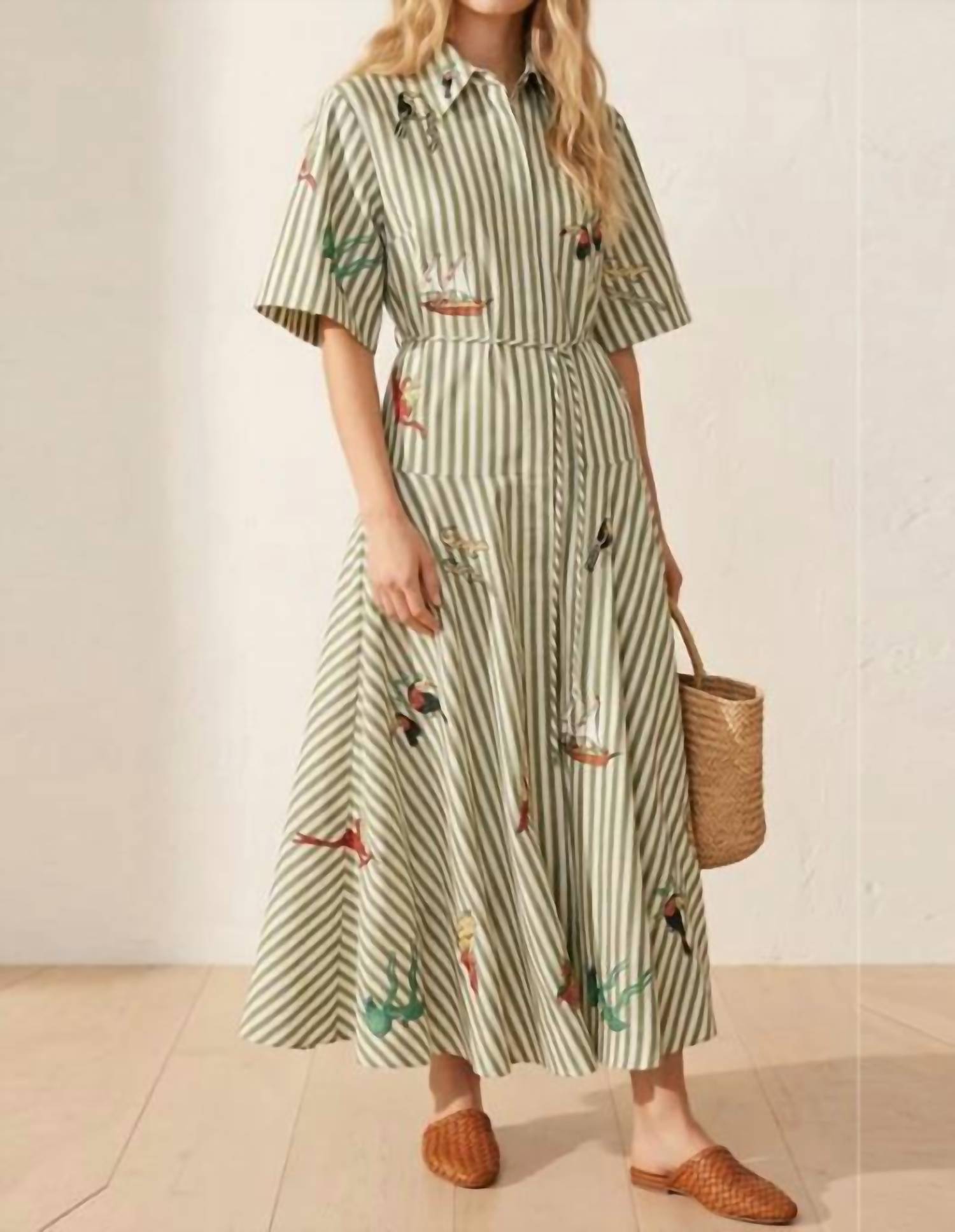 Sundayup - Embroidered Midi Shirt Dress