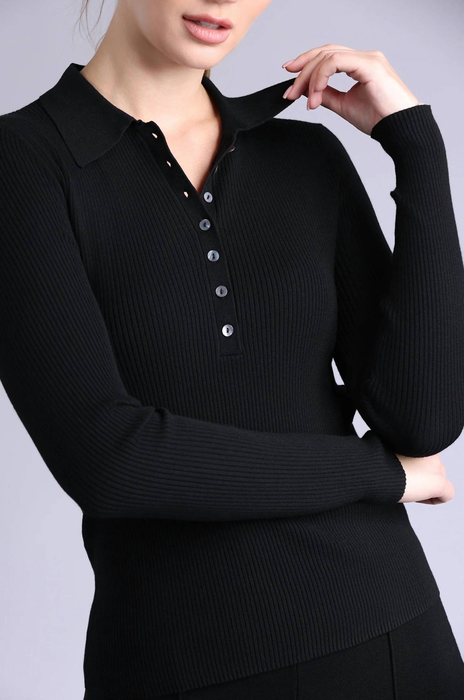Minnie Rose - Ribbed Collared Henley Top
