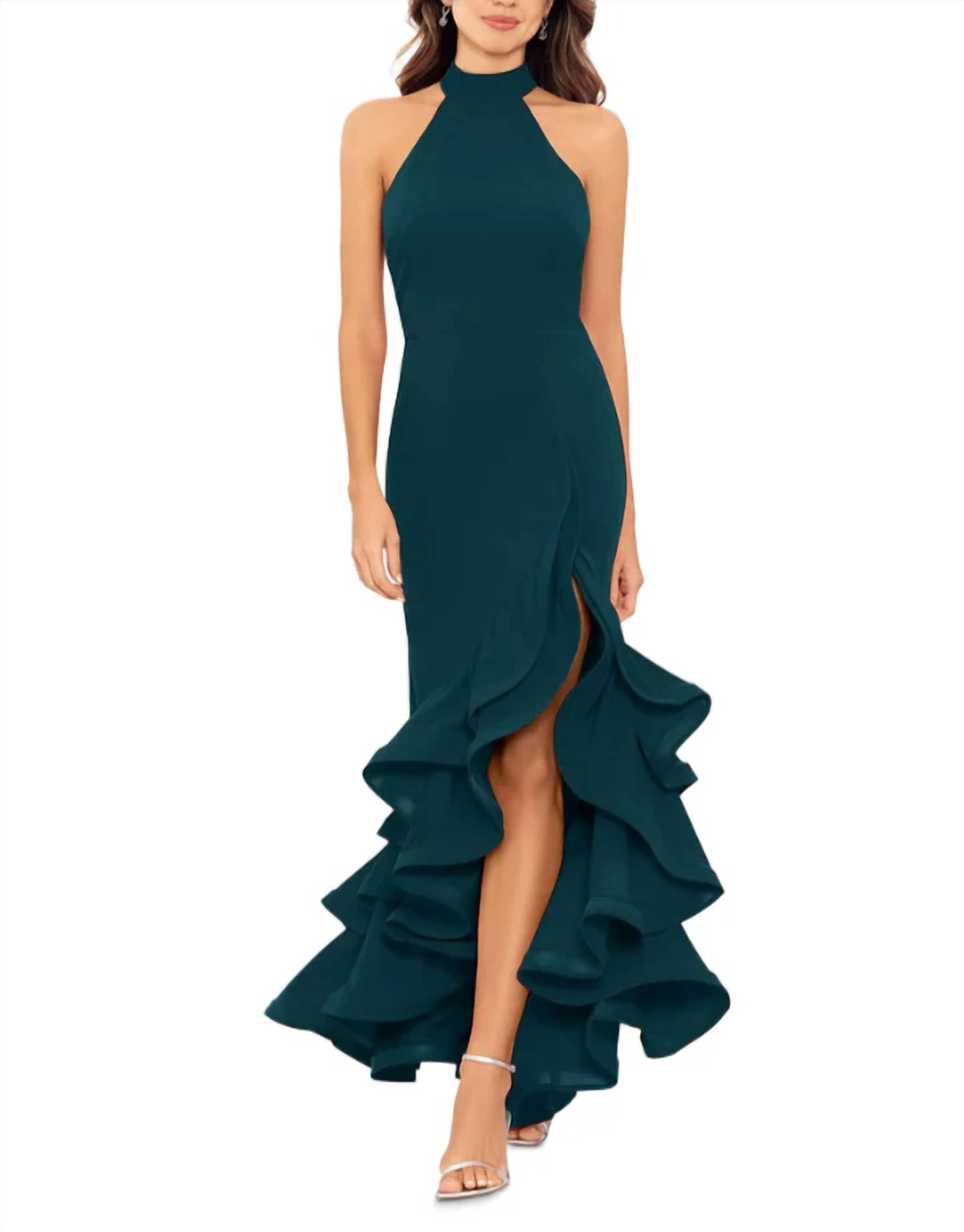 Aqua - Racerback Ruffle Hem Gown