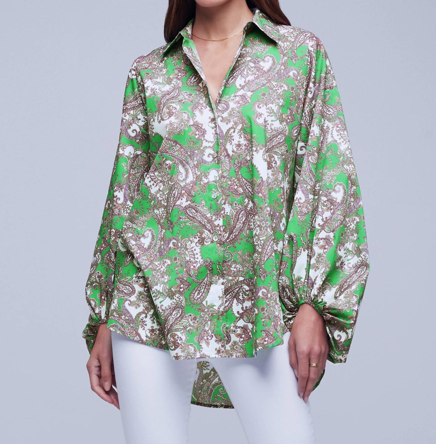 L'Agence Mickey Tunic Blouse in grass green multi small paisley - women's shirt