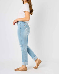 Judy Blue - Mid Rise Americana Star Pocket Cuffed Boyfriend Jeans