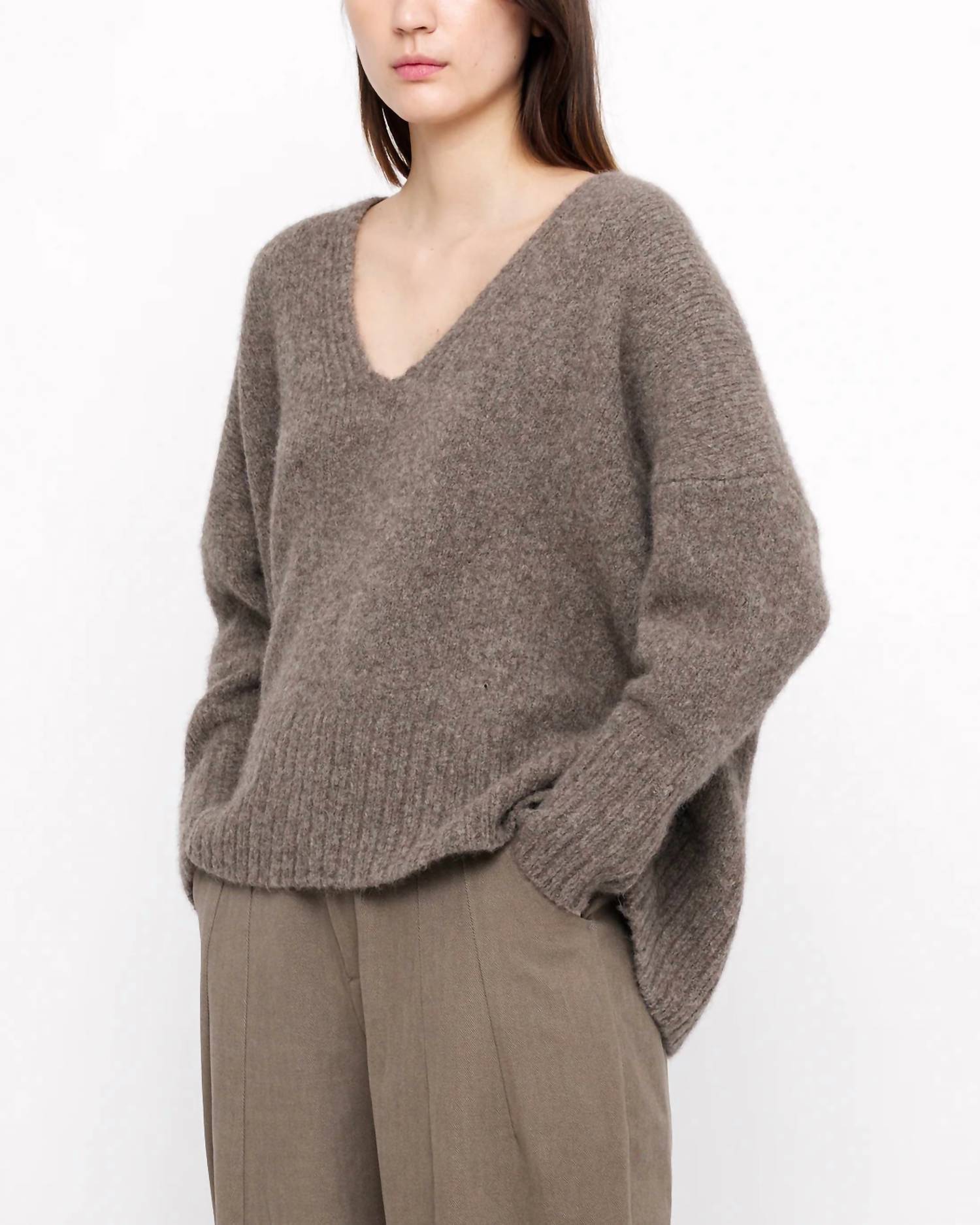 7115 by SZEKI Chunky V-neck Sweater in umber - women's sweater - detail view