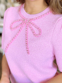 SHE + SKY Darling Bow Knit Sweater Top in pink - women's t-shirt - detail view