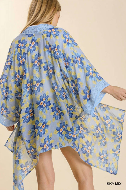 Sheer Floral Print Open Front Kimono With Crochet Detail