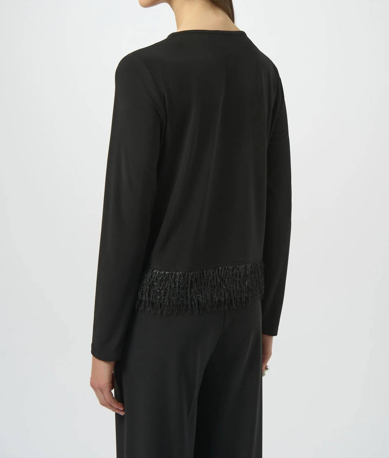 Joseph Ribkoff Silky Knit Top with Novelty Fringe Hem in black - women's long sleeve top - detail view