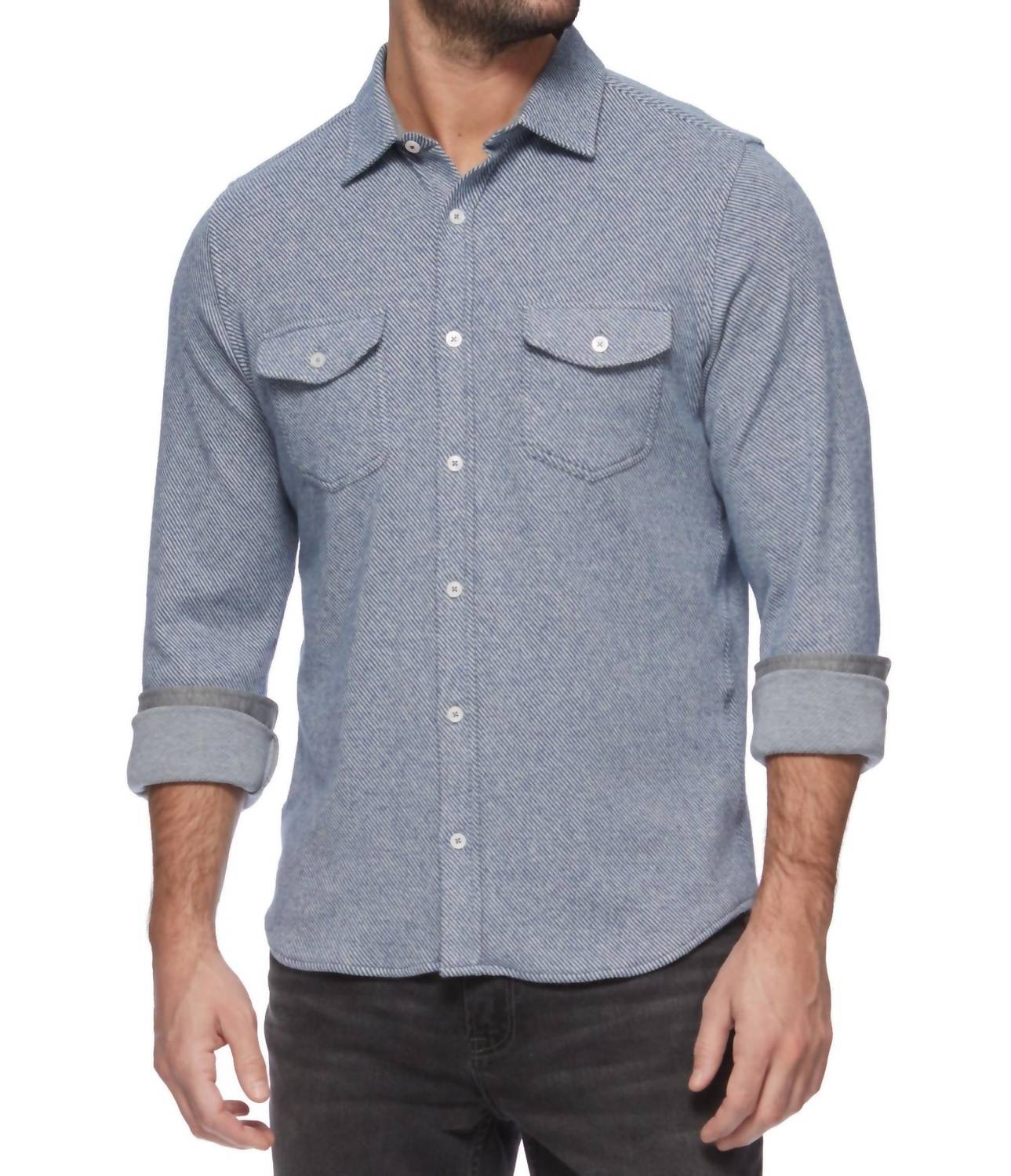 Flags & Anthem Harvey Stretch Twill Knit Flannel Shirt in light blue - men's shirt