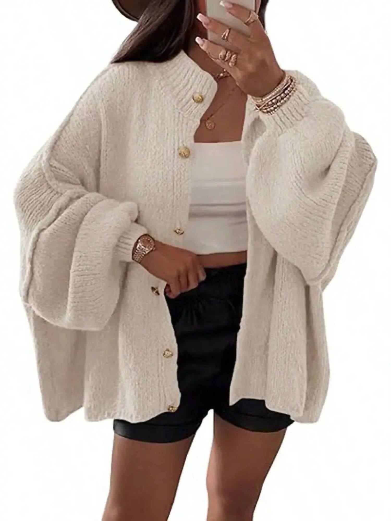 Hiddenbrand - Chloe Elegant Lantern Sleeve Plain Vintage Loose Cardigan