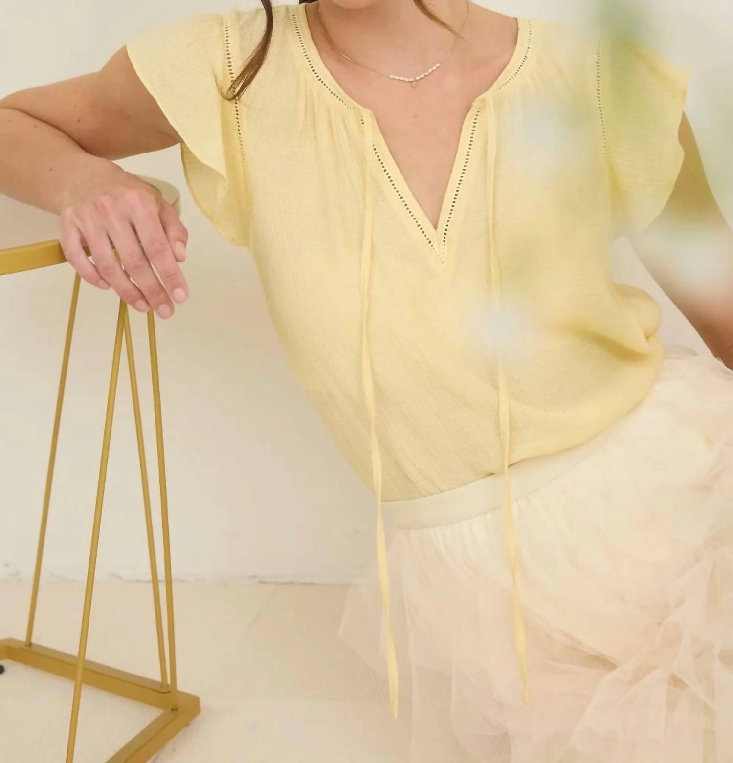 Mine - Ladder Lace Trim Ruffle Sleeve Top