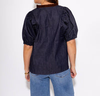 THML Split Neck Suede Ruffle Denim Top in navy - women's blouse - detail view