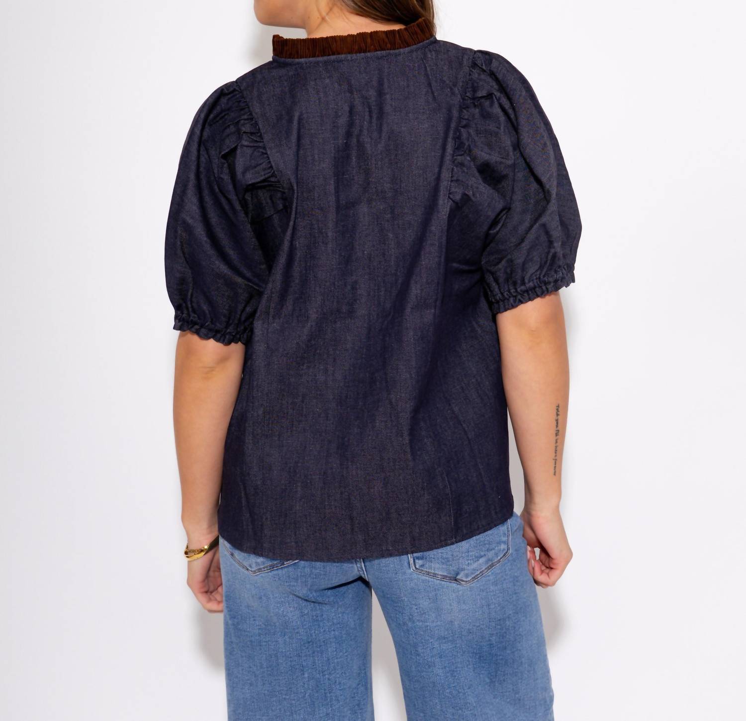 THML Split Neck Suede Ruffle Denim Top in navy - women's blouse - detail view