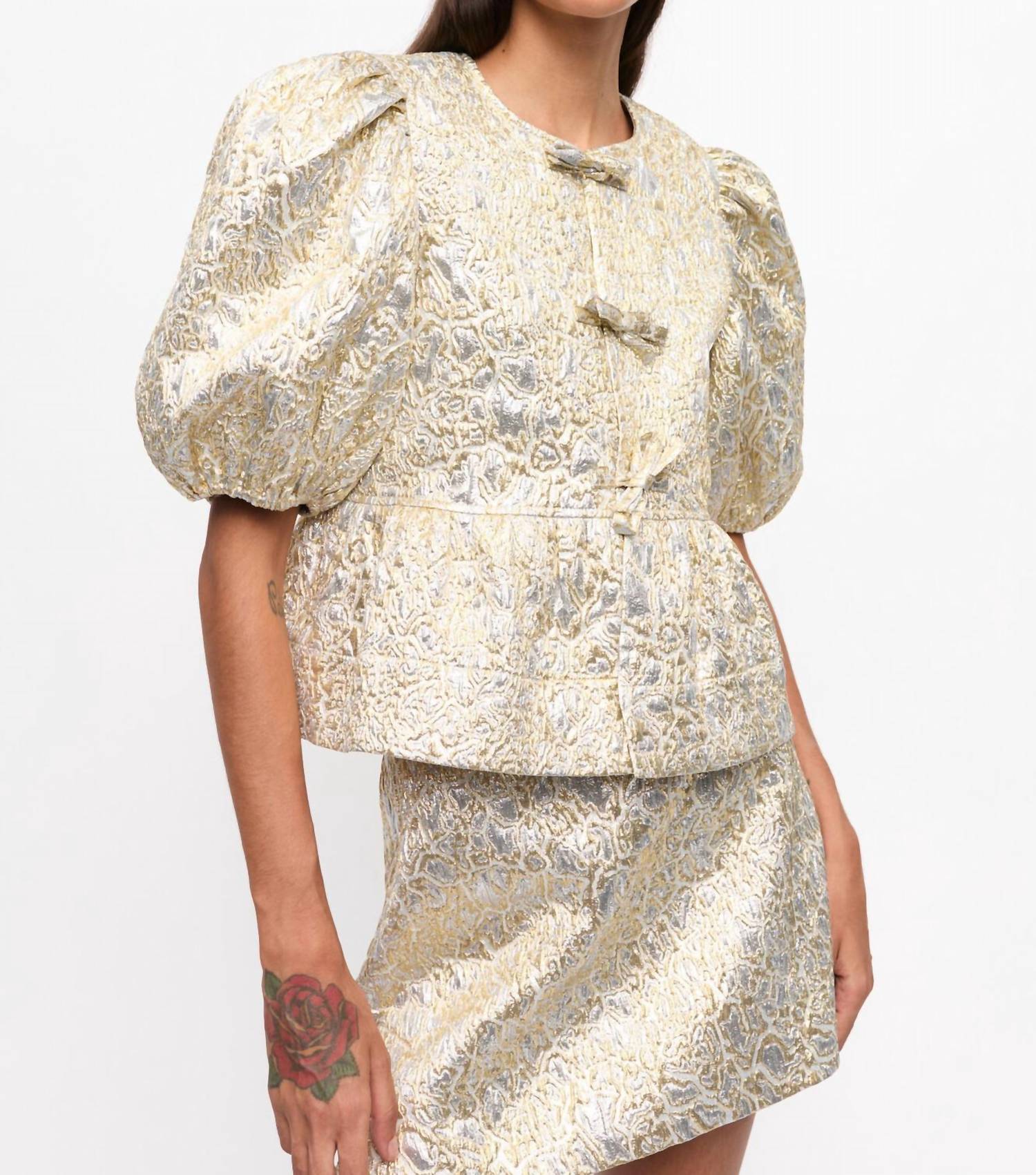 Ganni - Metallic Peplum Tie String Blouse