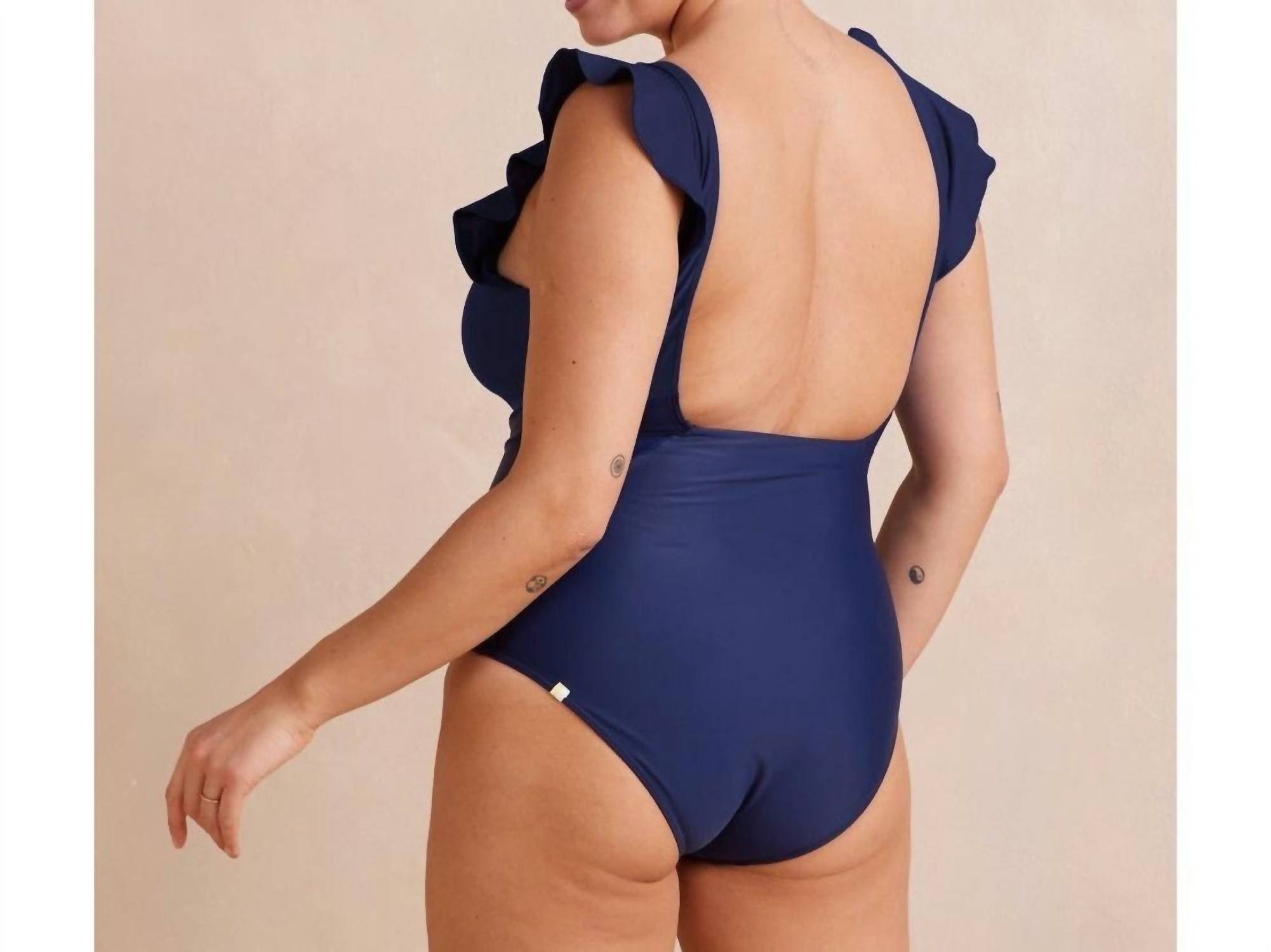 Summersalt Ruffle Backflip One Piece in navy - women's swimwear - detail view