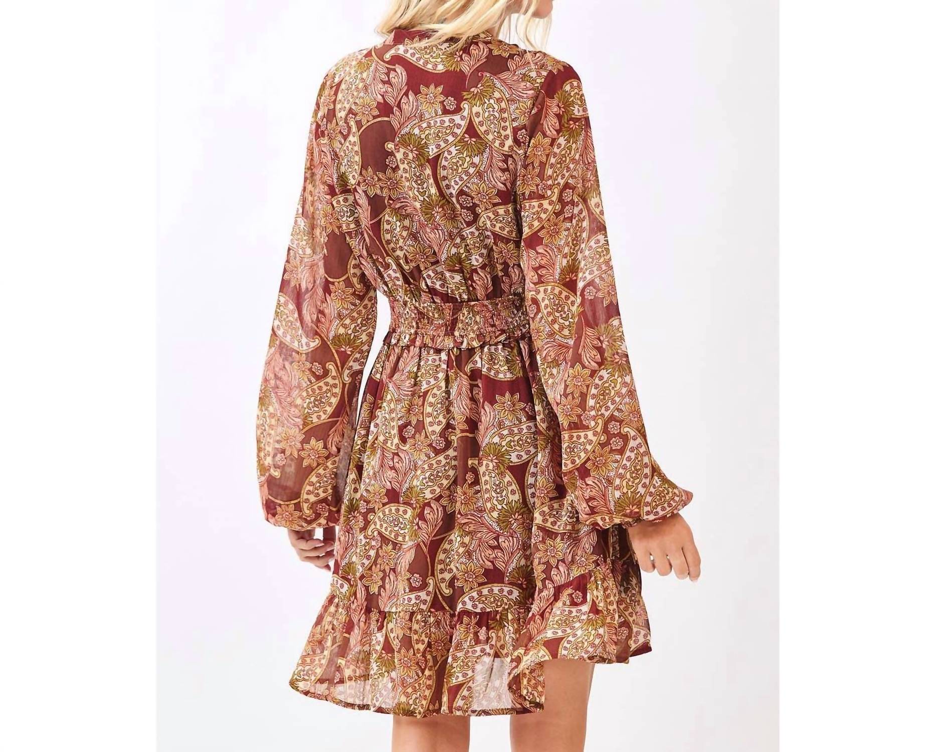 Mittoshop - BOHO PAISLEY PRINT SMOCKED WAIST RUFFLE MINI DRESS