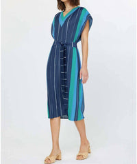 Current Air - Sleeveless V-neck Pleated Midi Dress With Stripe Border