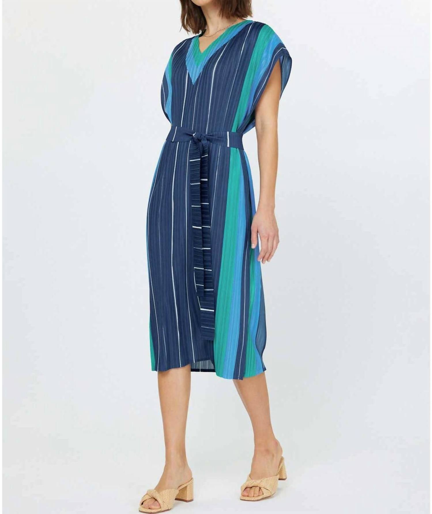 Current Air - Sleeveless V-neck Pleated Midi Dress With Stripe Border