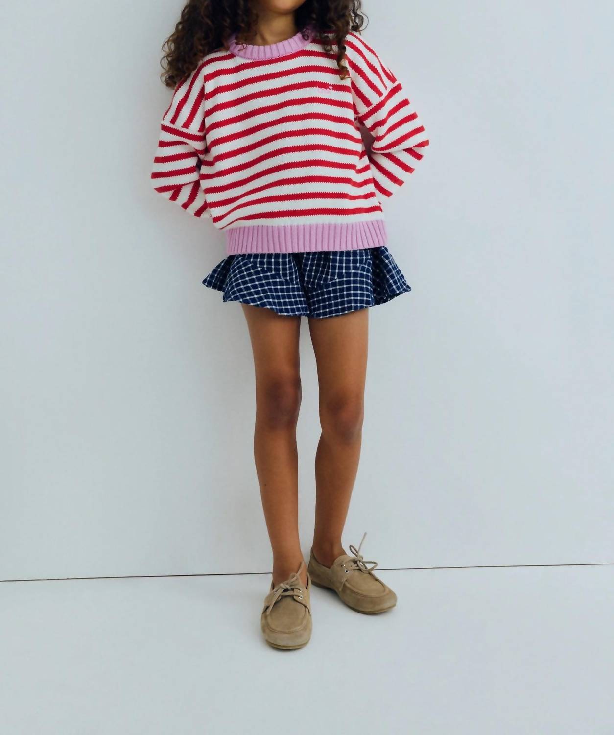The New Society Marigold Jumper in tulip red pink lavander stripes - kids' sweater