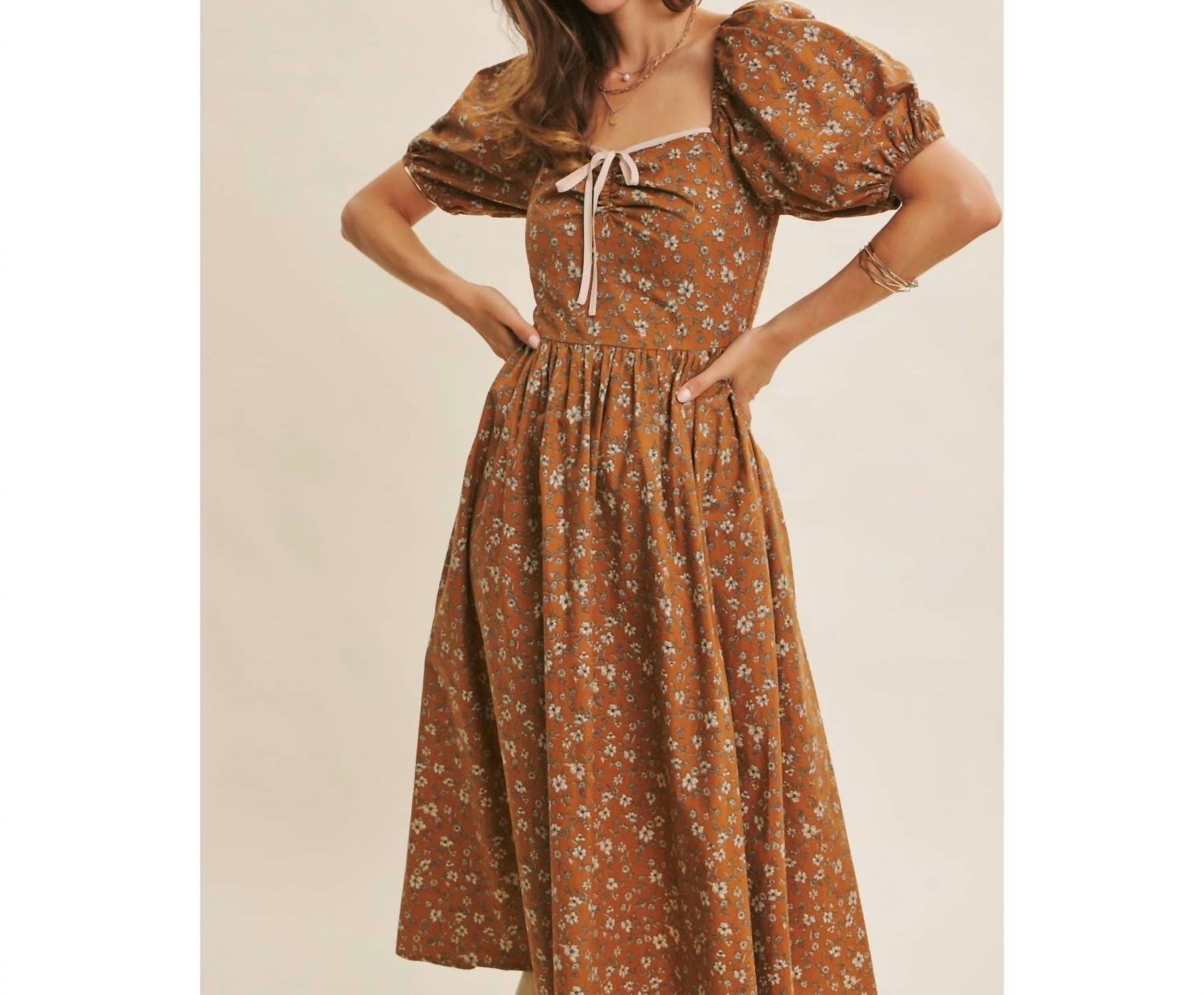 In February - Golden Hour Floral Puff Sleeve Midi Dress With Pockets