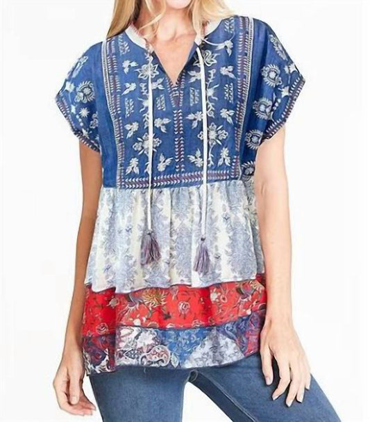 Embroidered Tassle Mixed Print Top