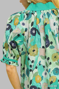 Umgee - Floral Split Neck Puff Sleeve Top