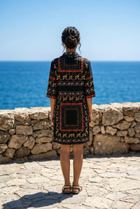 Dizzy-Lizzie Chatham dress blk links with ellies in black red gold - women's dress - detail view