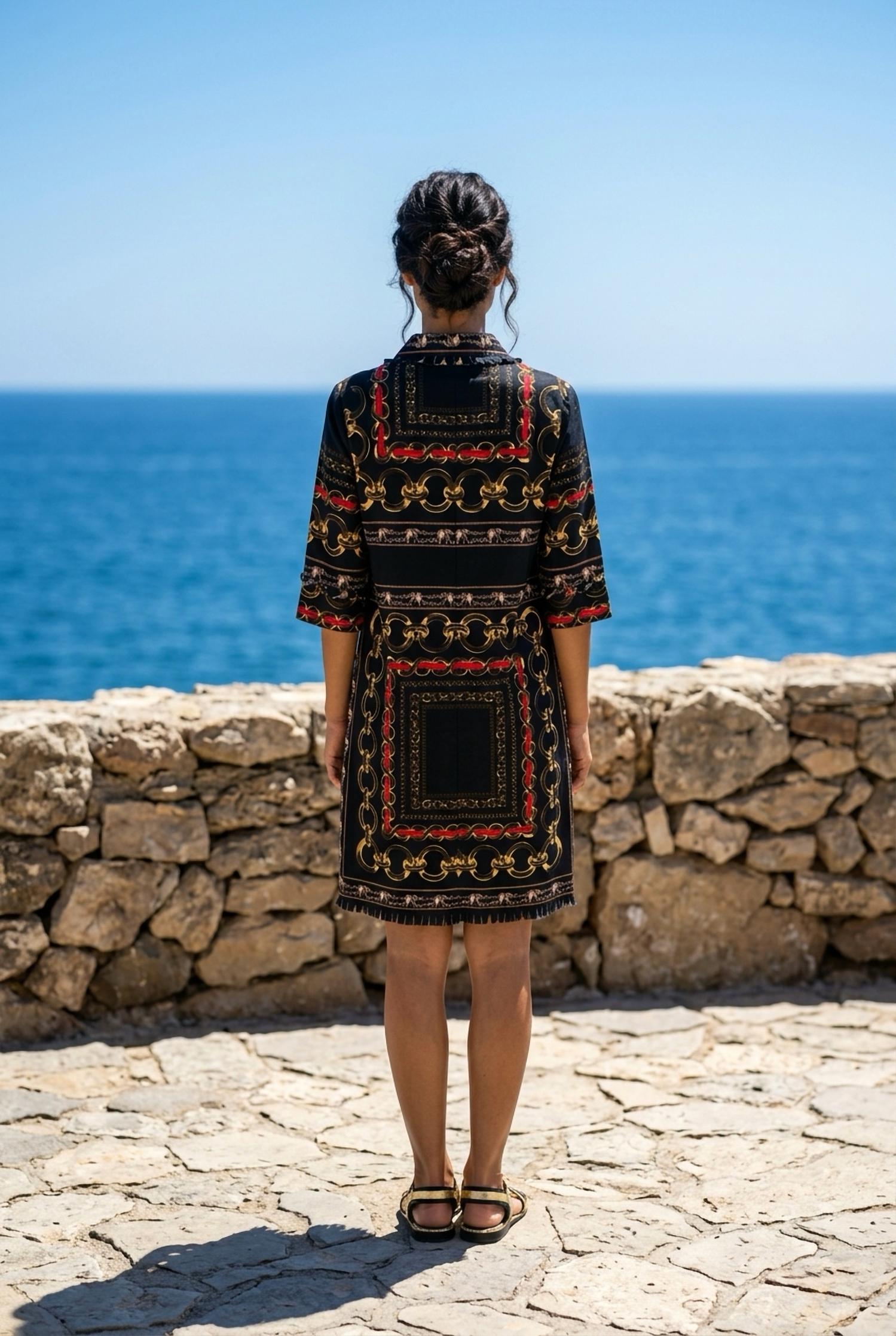 Dizzy-Lizzie Chatham dress blk links with ellies in black red gold - women's dress - detail view
