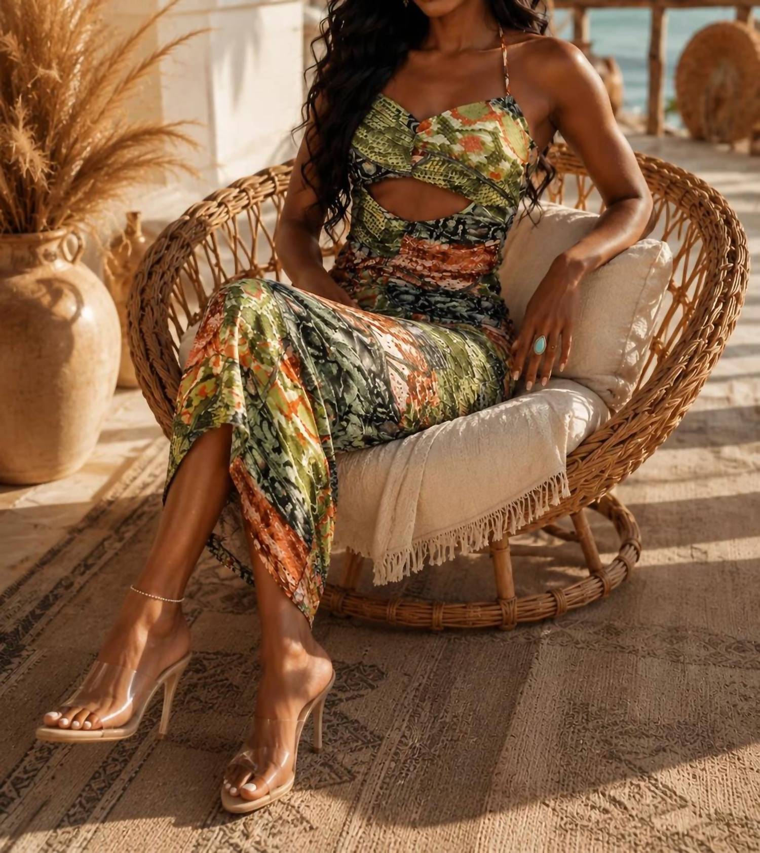 Surelymine - Printed Cutout Ruched Midi Dress