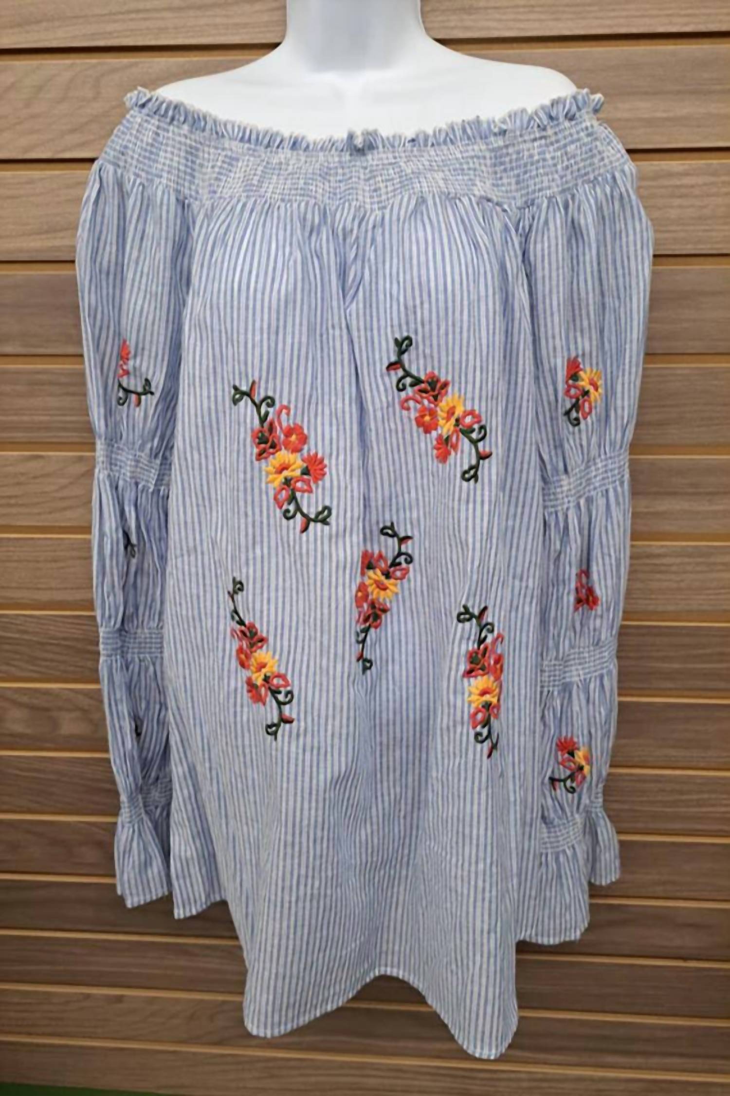 Angela Plus - Women's Off Shoulder Elastic Neck/arms Embroidered