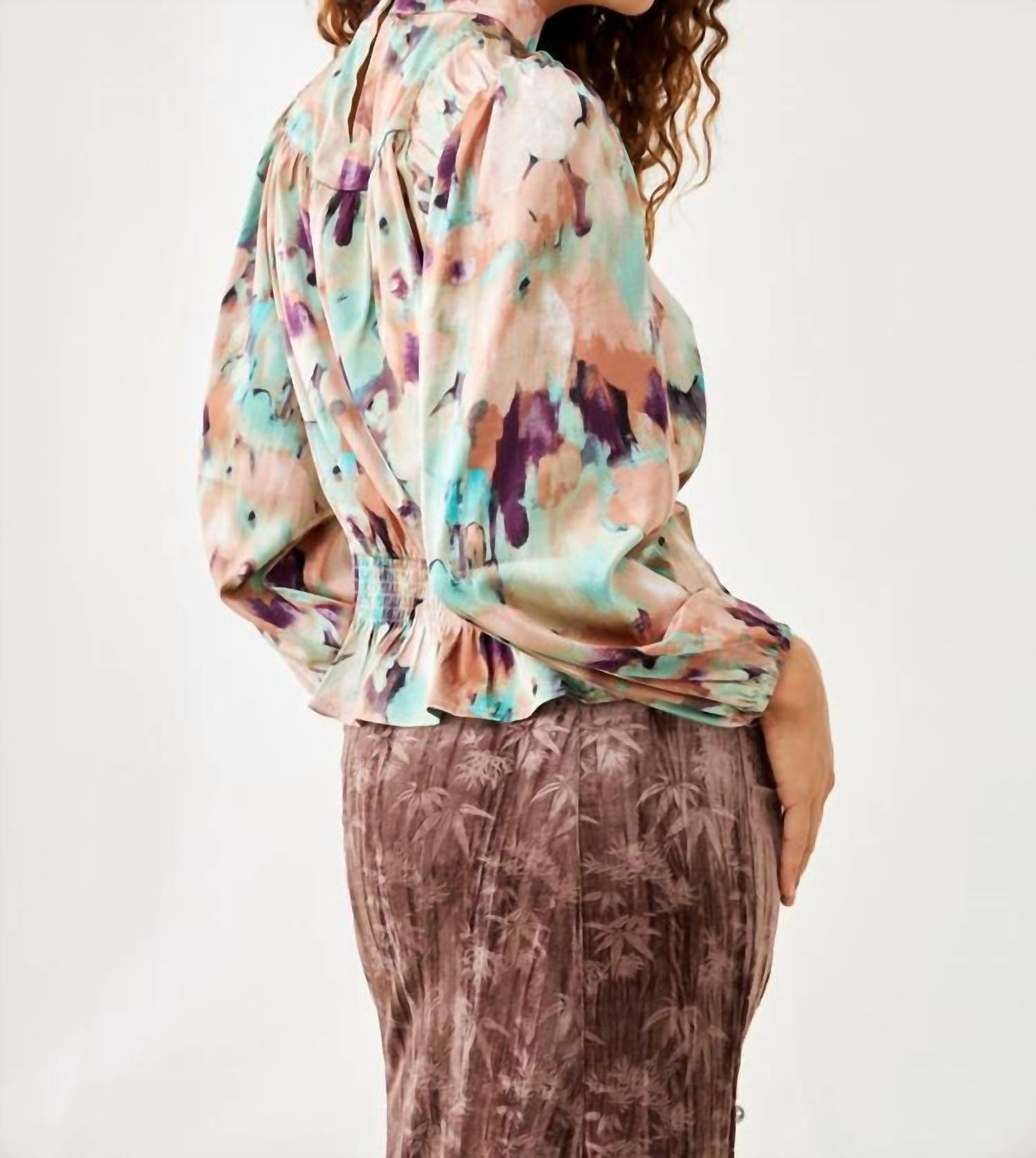 NUD by Nekane Printed Blouse With Balloon Sleeves in dusty pink - women's blouse - detail view