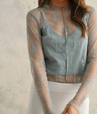 MIOU MUSE Long Sleeve Lace Fabric Top in light blue - women's long sleeve top - view 5