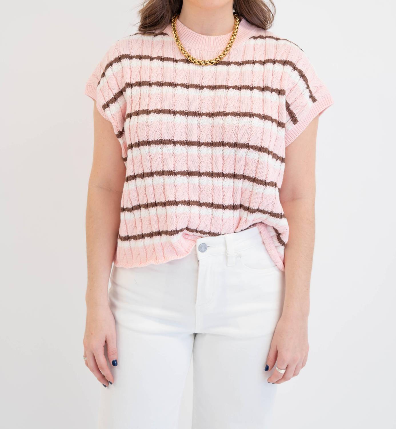 OLIVACEOUS Laci Striped Sleeveless Sweater in blush brown - women's cardigan