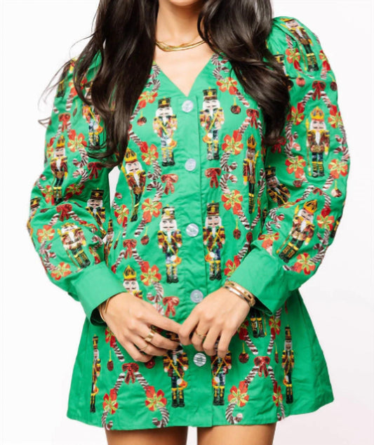 Queen Of Sparkles - Nutcracker & Candy Cane Cotton Poof Sleeve Button Up Dress