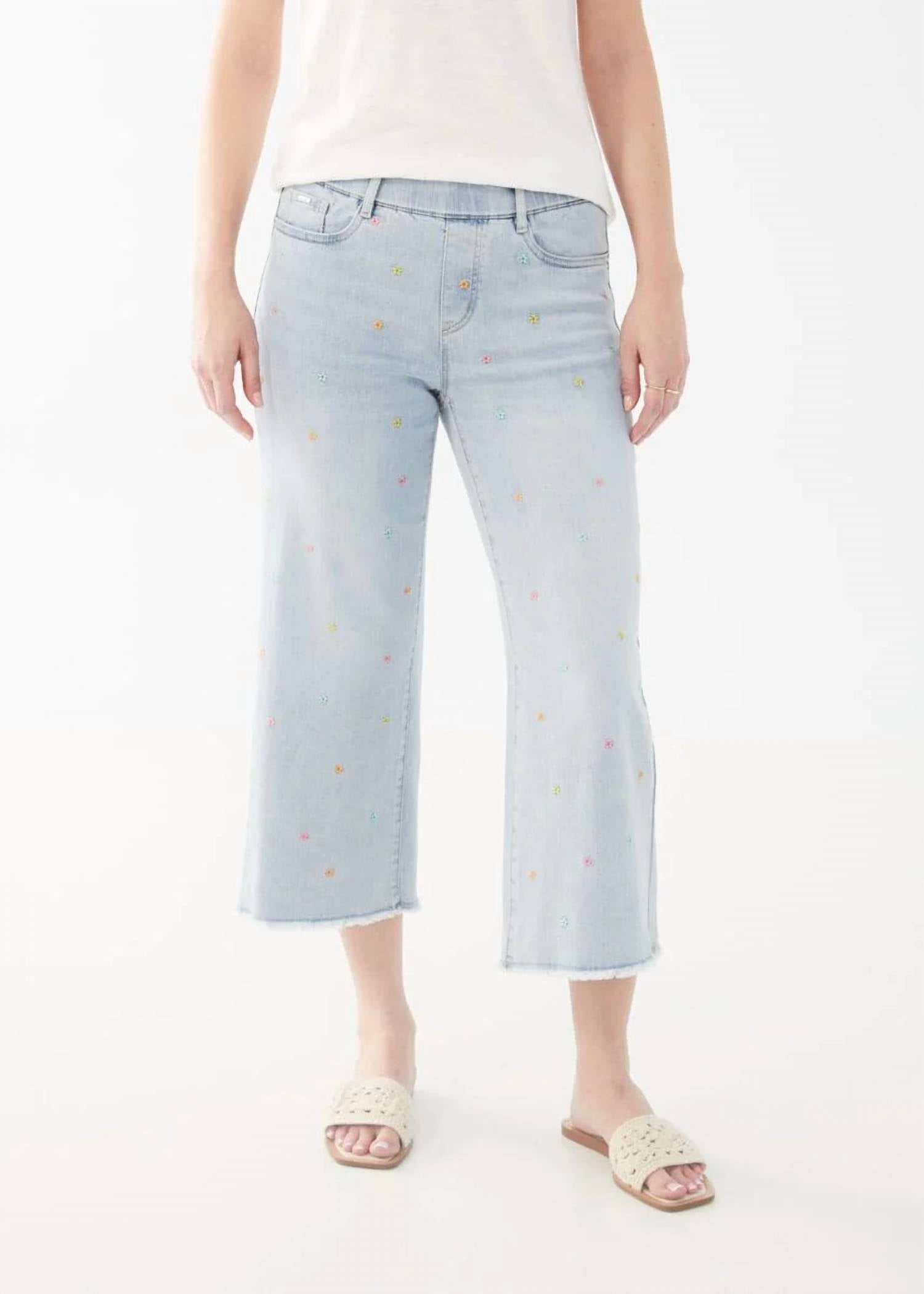 Fdj - Emily Embroidered Flowers Pull-on Wide Leg Crop Jeans
